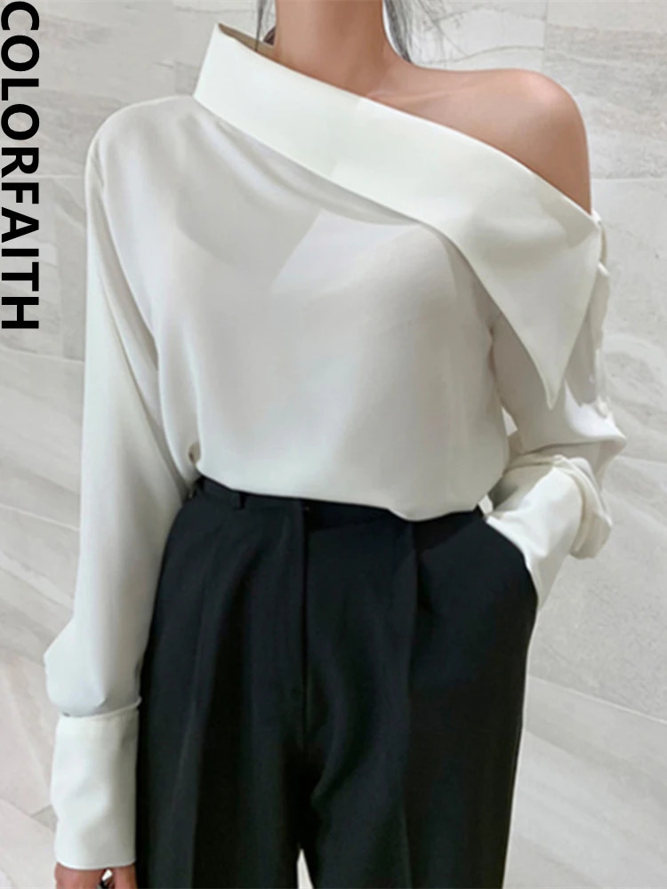 Colorfaith Elegant Office Korean Style Lady One Shoulder Sexy Wild Women Spring Summer Cold Blouses Shirts Tops BL8179 250121