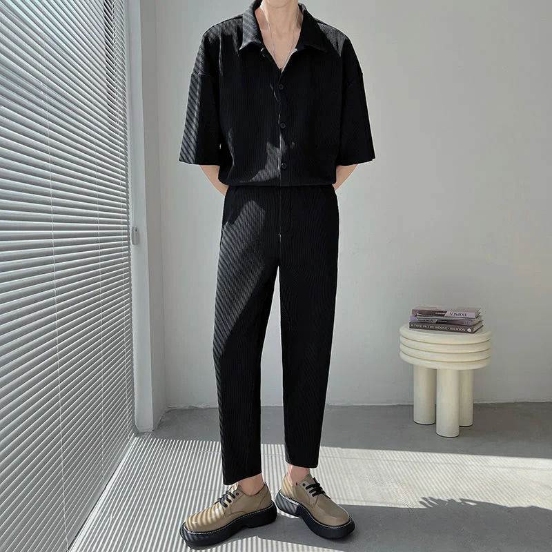 Summer Pleated Sets Men Fashion Black/White Casual Ice Silk Suit Men Korean Short-sleeved Shirt/Trousers Two-piece Mens Set 250109