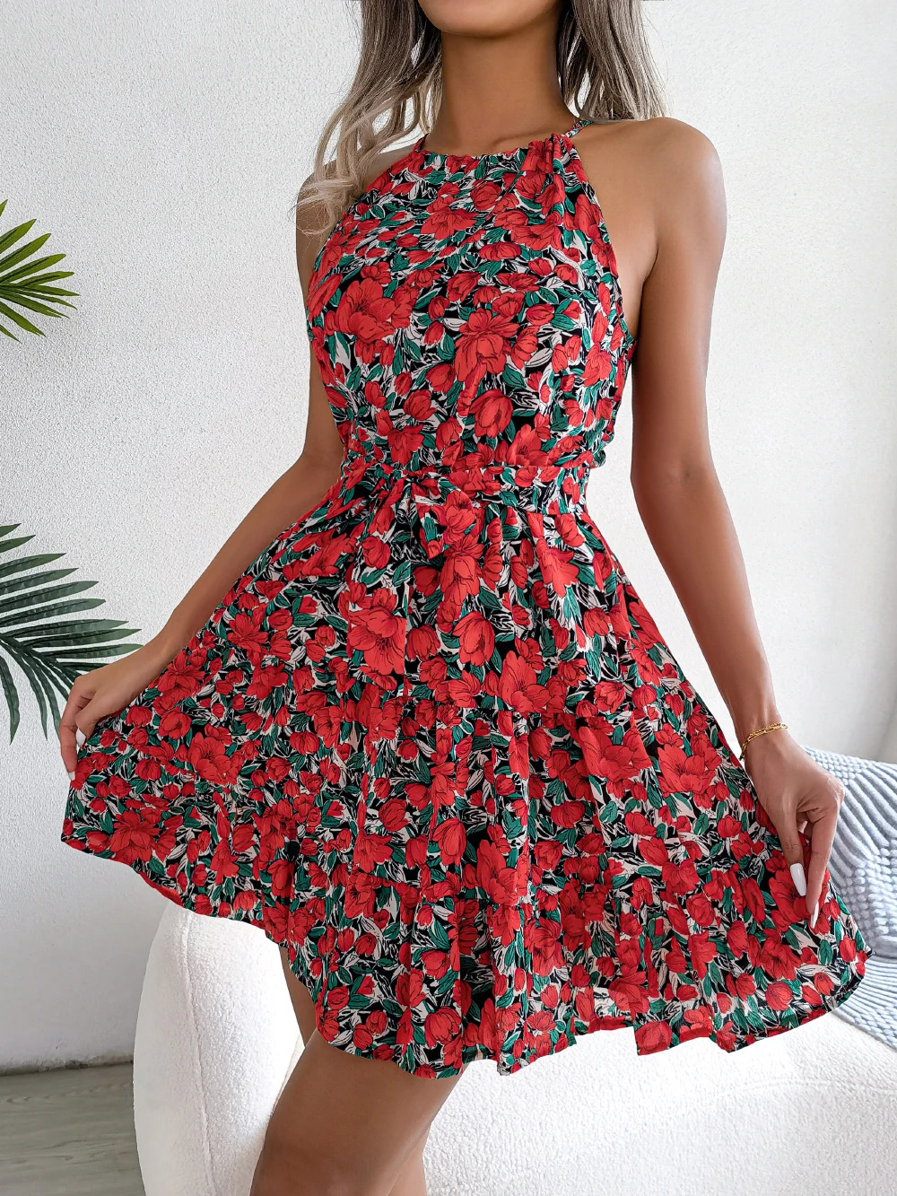 Women Summer Casual Floral Print Ruffle Halter Dress 250122
