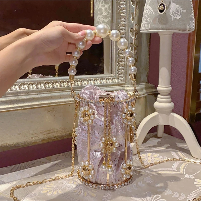 Metal Hollowed Out Rhinestone Basket Handbag Pearl Flowers Drawstring Chain Bucket Bag Beaded Handle Crossbody Evening Party Bag 250118