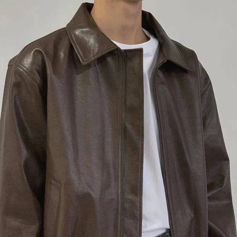 Vintage PU Leather Jackets Men Autumn Fashionable Solid Color Lapel Zip-up Leather Coats Men Stylish Loose Long Sleeve PU Jacket 250120