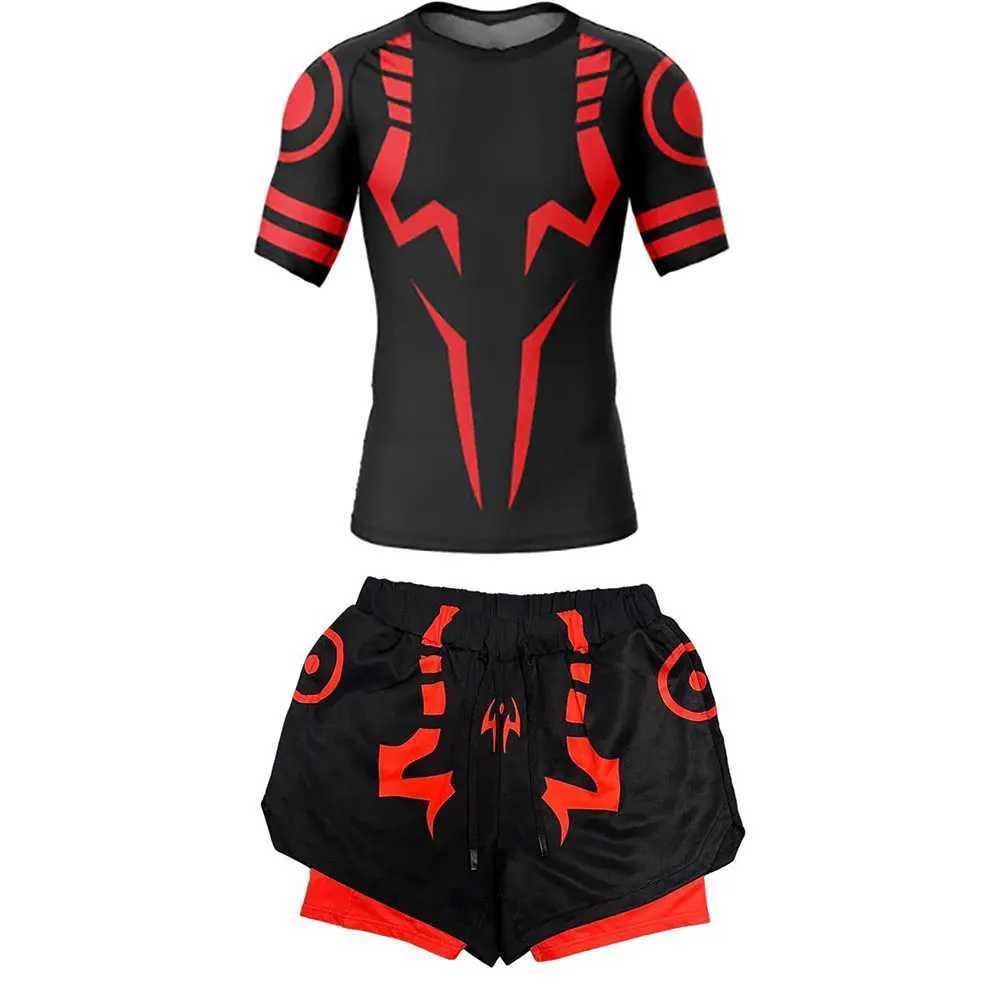 Mens Compression Set Anime Jujutsu Kaisen Printed Summer Gym Compression Shirts+Workout Shorts Breathable Quick Dry Sports Set X250129