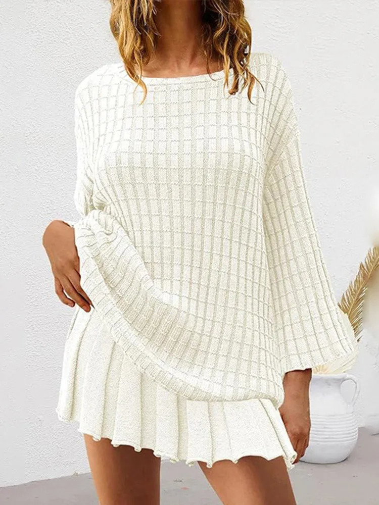 Women Knit Skirt Suits Elegant O-neck Off Shoulder Flare Sleeve Pullover Mini Skirts Female Set 2025 Spring Fashion Lady Outfits 250121