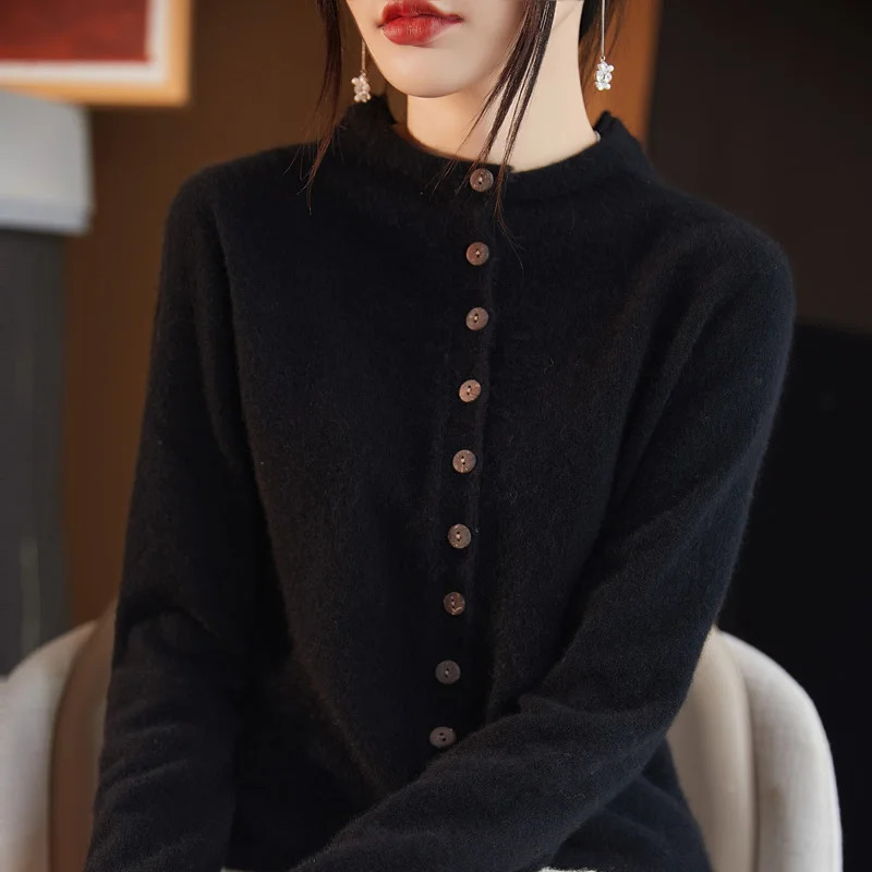 Autumn Winter 100% Wool Thicken Shirt Sweater Women Curled Round Neck Knitted Cardigan Female Multi Buckle Casual Warm Soft Top 250121