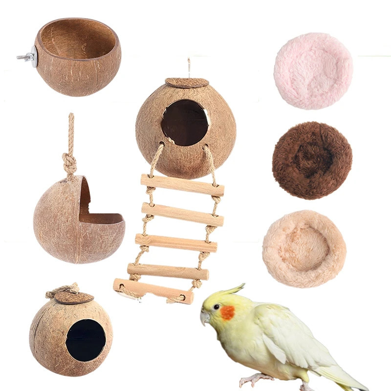 Bird Coconut Shell Nest with warm pad Nesting Hamster Habitat Guinea Pig Bedding Climbing Ladder Slide Parrot The Slide Wood 250121