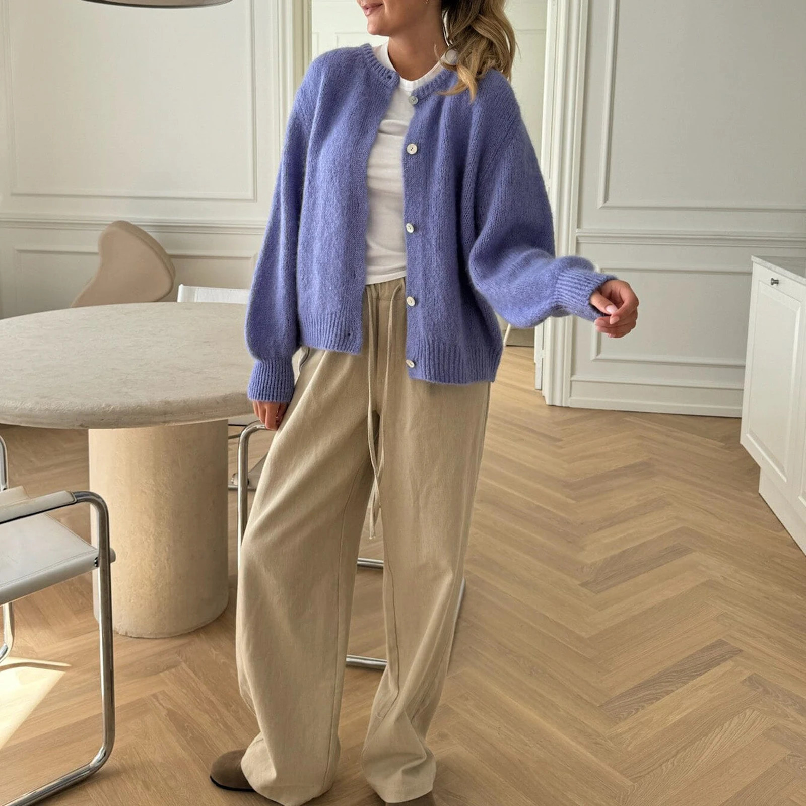 2024 Fashion Winter Womens Solid Color Cardigan Fuzzy Long Sleeve Button Down Sweater Soft Knit Tops Outerwear Loose Knitwear 250109