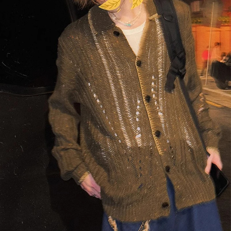 Casual Knitted Hollow Out Shirts Mens Vintage Long Sleeve Lapel Buttoned Knit Cardigan Tops Men Spring Fashion Solid Color Shirt 250118