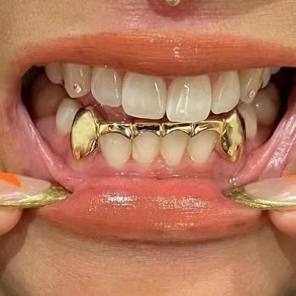 RACHELZ Hip Hop Glossy Two Fangs Teeth Grillz 14K Gold Plated Tooth Caps For Women Men Jewelry Halloween Cosplay GiftXJ250114