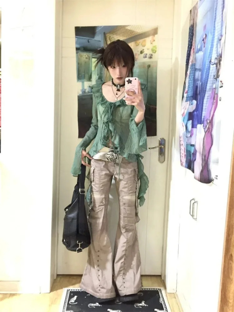 Elegant Vintage Ruffles Lace Up Green Cardigan 2025 Irregular Slim Fit Tops Women Y2k Long Sleeve Thin Blouses Womens Shirts 250122