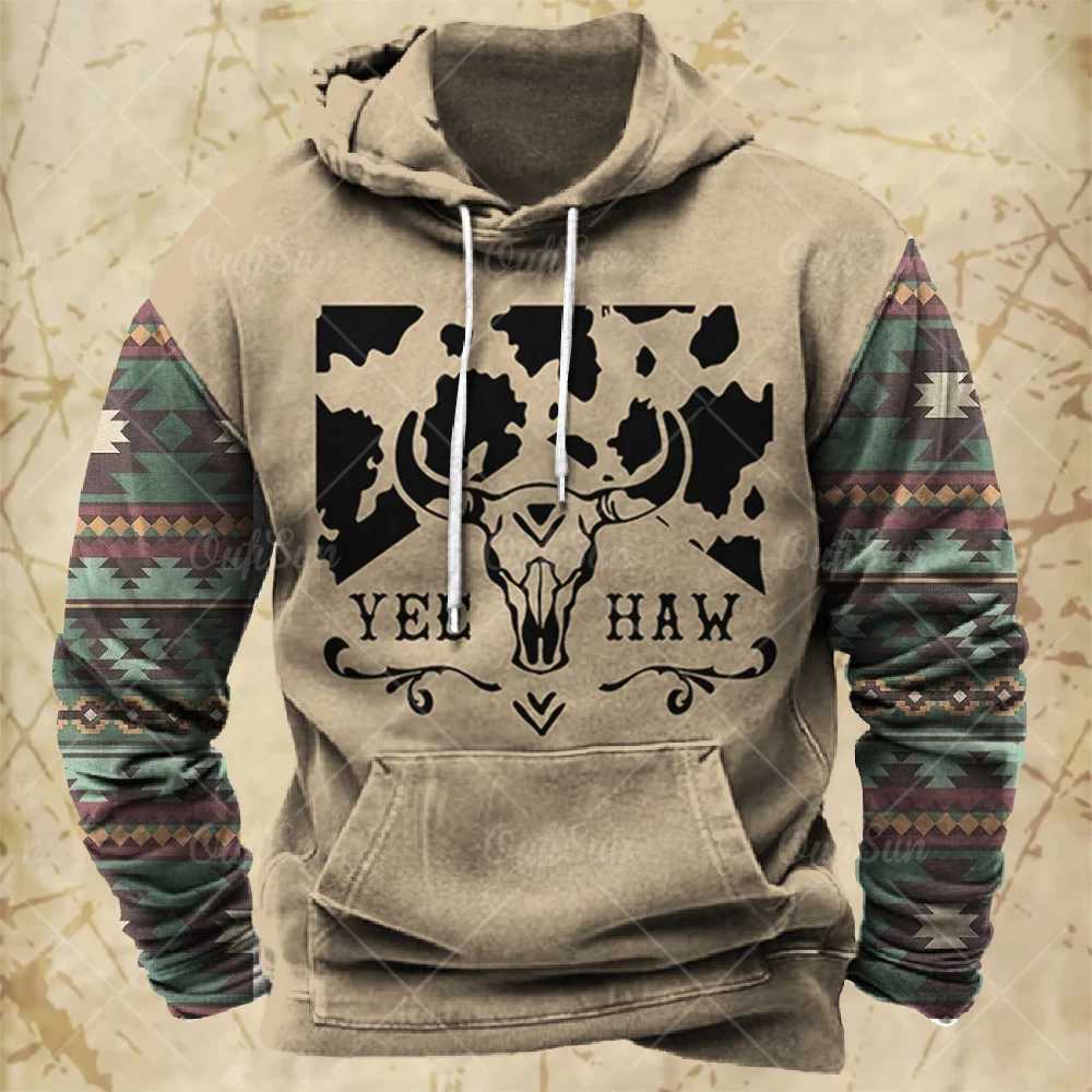 Men Hooded Vintage Print Sweatshirt Ethnic Style Hoodie Autumn and Winter Oversized Casual Mens Clothing Daily Street PulloverXJ2500118