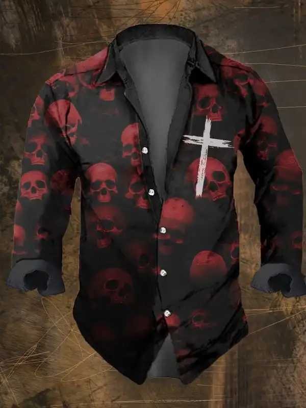 High Quality Halloween Mens Retro Dark Skull Prints Long Sleeve Shirt-Faith Chest PrintRegular FitLapel Collar Polyester Blend Black Tops T250121