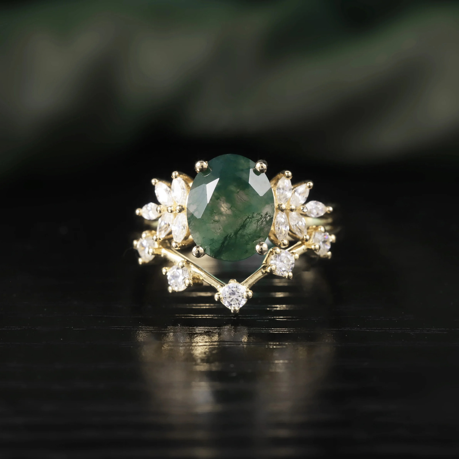 GEMS BALLET Vintage Green Moss Agate Art Deco Cluster Promise Ring Unique Curved Wedding Band Ring Set 925 Sterling Silver 250121
