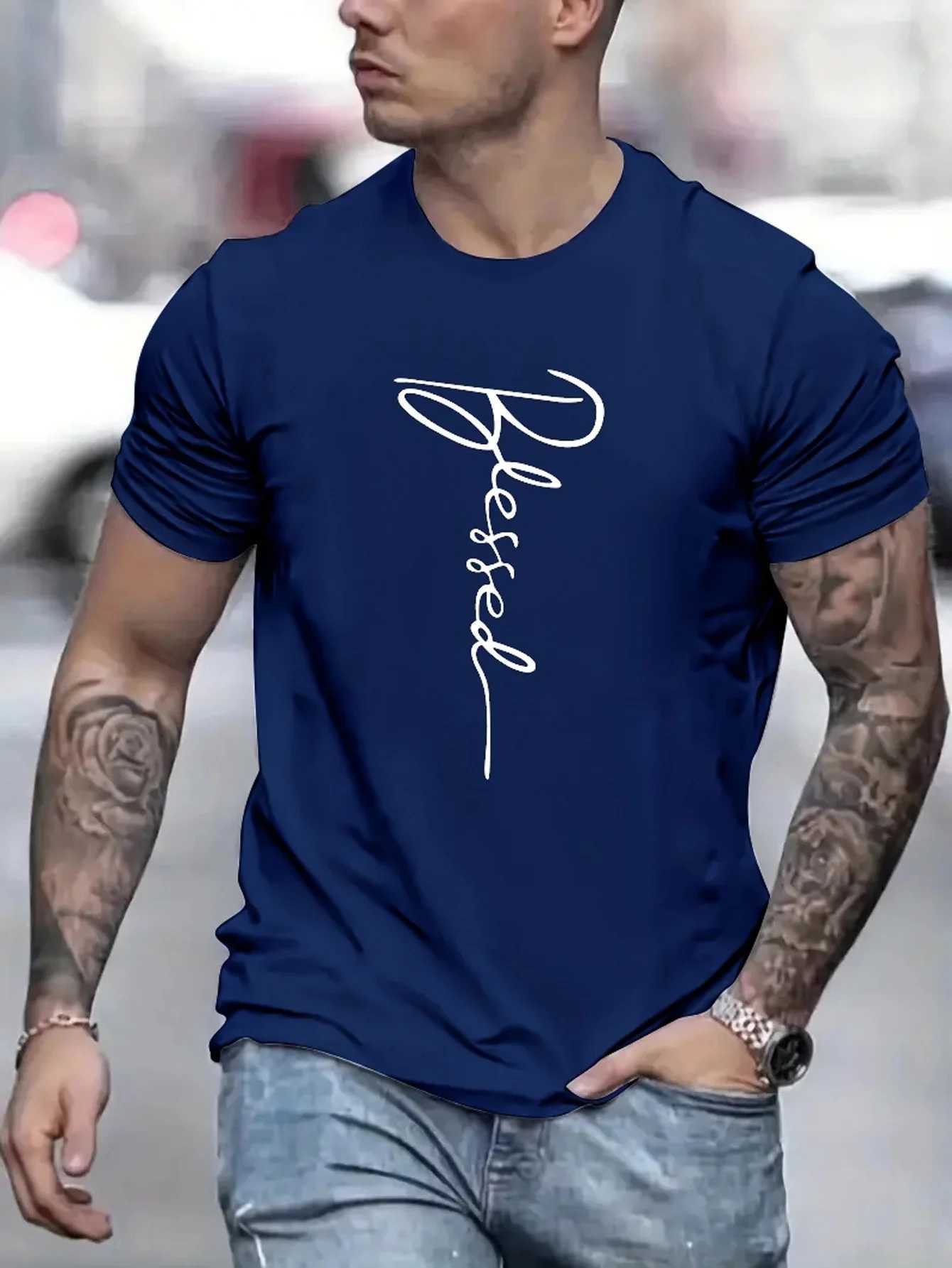 Mens 100% cotton summer loose fit oversized Blessed printed slim fit casual sports round neck short sleeved T-shirt topXJ250117