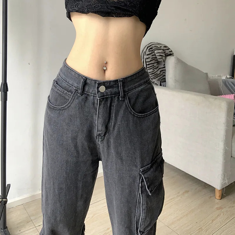 American Retro Smoke Grey Overalls Jeans Womens Y2K Street Hip Hop Trend Versatile Wide Leg Pants Casual High Waist Sexy Jeans 250109