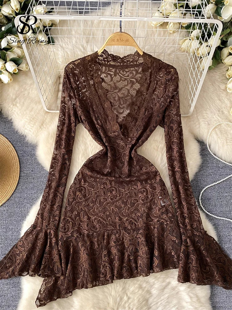 SINGREINY Ruffles Sheer Lace Dress Female V Neck Long Sleeve Dress Fashion Ladies Transparent Irregular Midi Long Sexy Dresses 250121