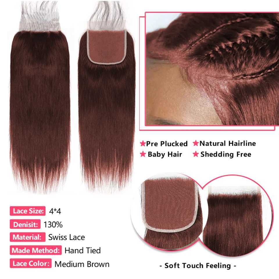 #33 Brown Reddish Straight Hair Bundles With Frontal Brazilian Human Hair Weave Bundles With HD Clo Ombre Colored 3/4 BundleXJ250120
