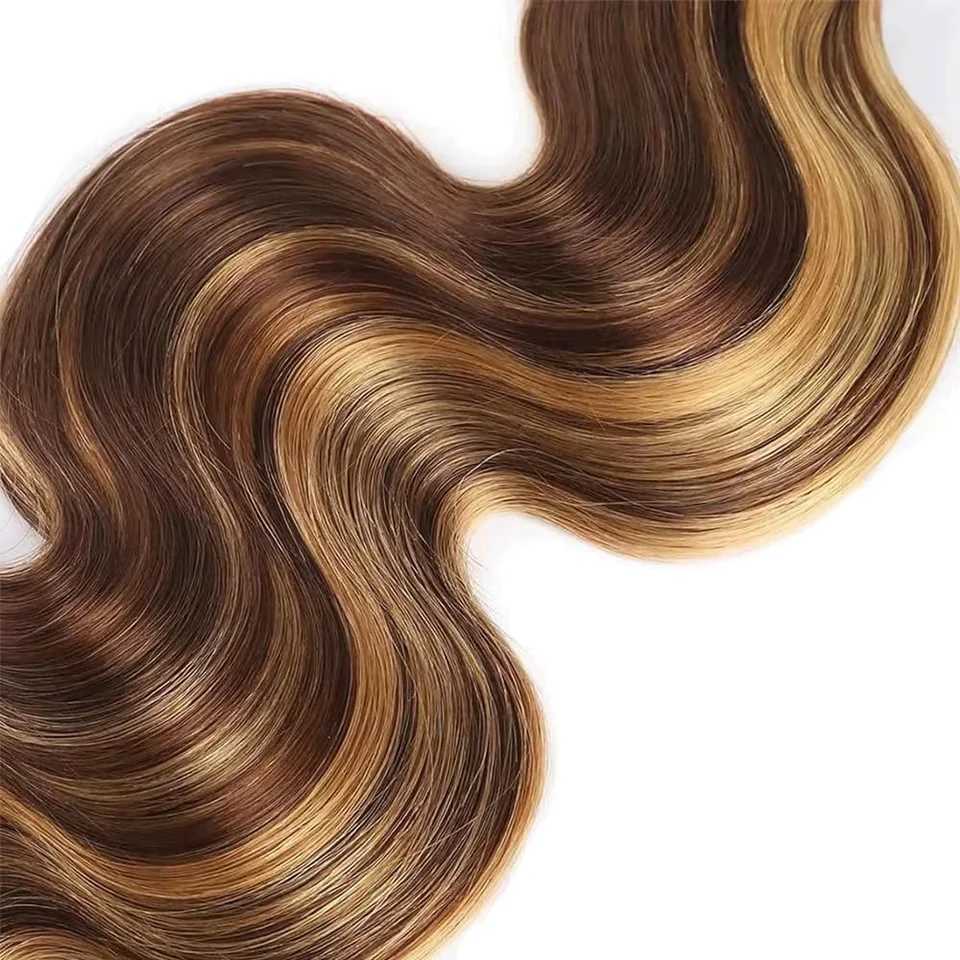 Bundles With Frontal Body Wave Honey Blonde Highlight 3 Bundle with 13x4 Lace Frontal Clo P4-27 Natural Brazilian Human HairXJ250120