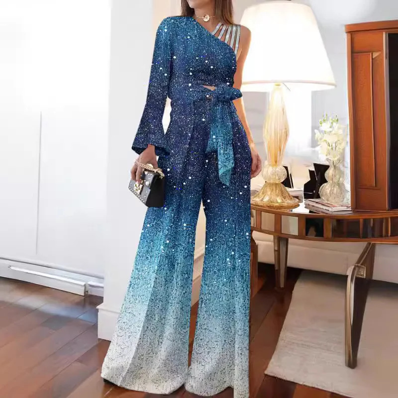 Arrival 2024 SpringSummer Womens Wear One Shoulder Bell Sleeve Casual High Waist Wide Leg Pants Set 250122