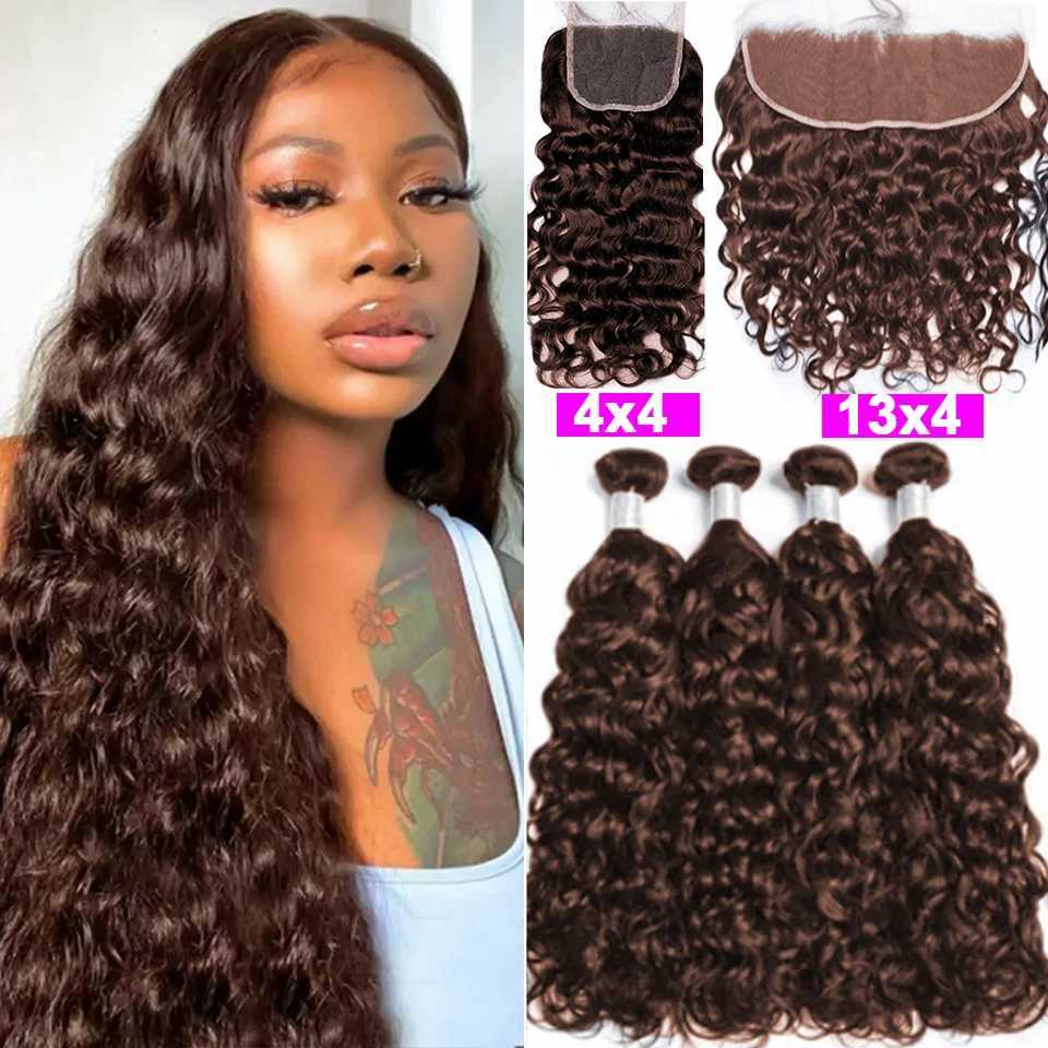 Cheap #4 Brown Water Wave Human Hair Bundles With HD Lace Clo Frontal Deep Curly Bundles with Clo 100% Virgin Human HairXJ250120