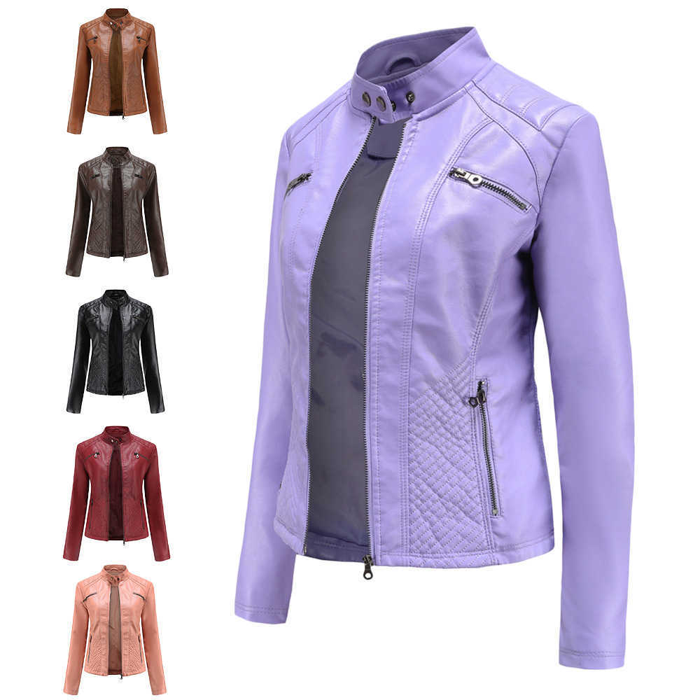New Womens Casual Leather Jacket Stand Collar Jacket Slim Jacket Womens Spring and Autumn Solid Color Womens Leather Jacket Womens Leather Womens Jack