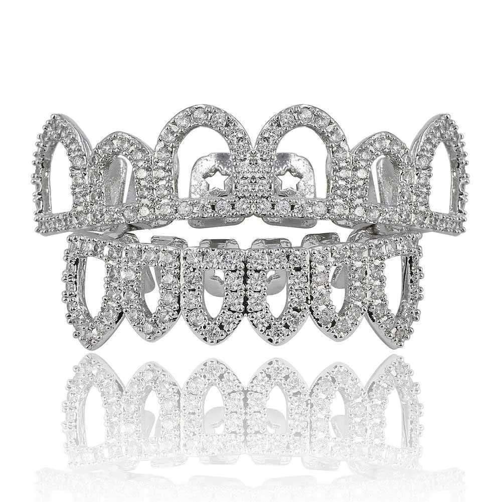 Hollow Teeth Grillz Set For Unisex Top Bottom Iced Out Cubic Zirconia Stone Brass Material Hip Hop Cosply Jewelry For ManXJ250114