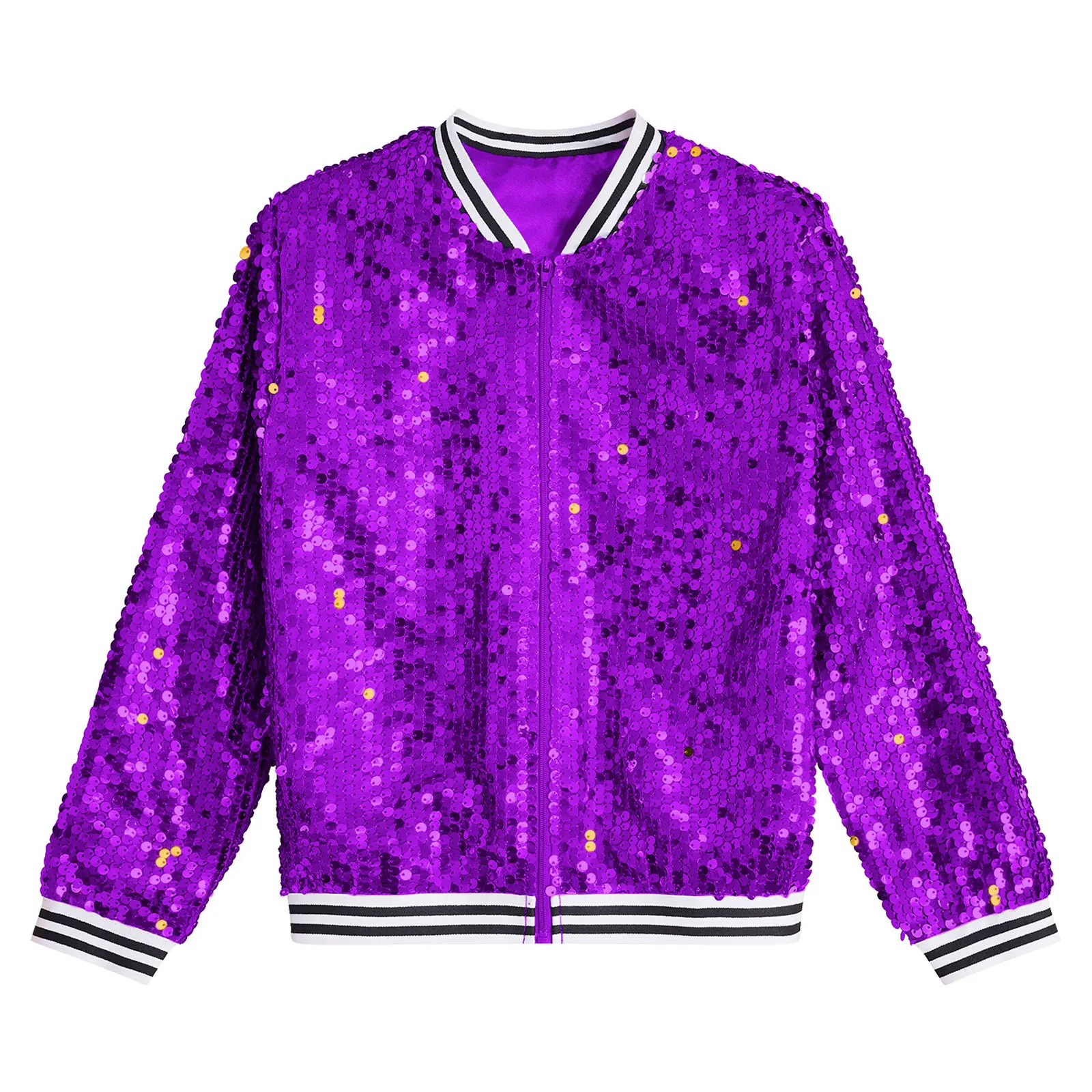Kids Girls Shiny Sequins Jacket Baseball Coat Long Sleeve Front Zip Up Striped Trim Outerwear Jazz Modern Dancing Party Jackets 250113
