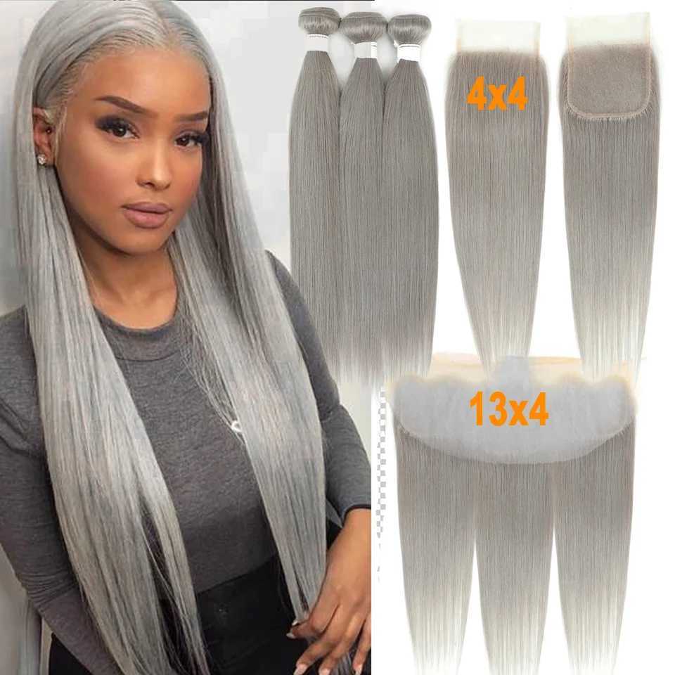 10-30 Colored Sliver Grey Straight Human Hair Bundles With Clo Frontal 100% Unprocessed Virgin 3/4 Bundles With CloXJ250120