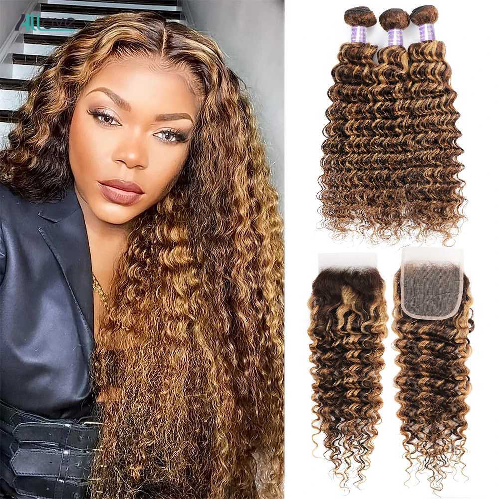Allove Highlight Bundles With Clo Deep Wave Human Hair Bundles With 4x4 Transparent Lace Clo Ombre Honey Brown Remy HairXJ250120