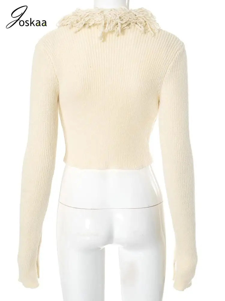 Joskaa Fashion Tassel Collar Knitted Cardigan Women Hipster V-Neck Full Sleeve Crop Sweater Coats Winter Outwear Y2K Streetwear 250122