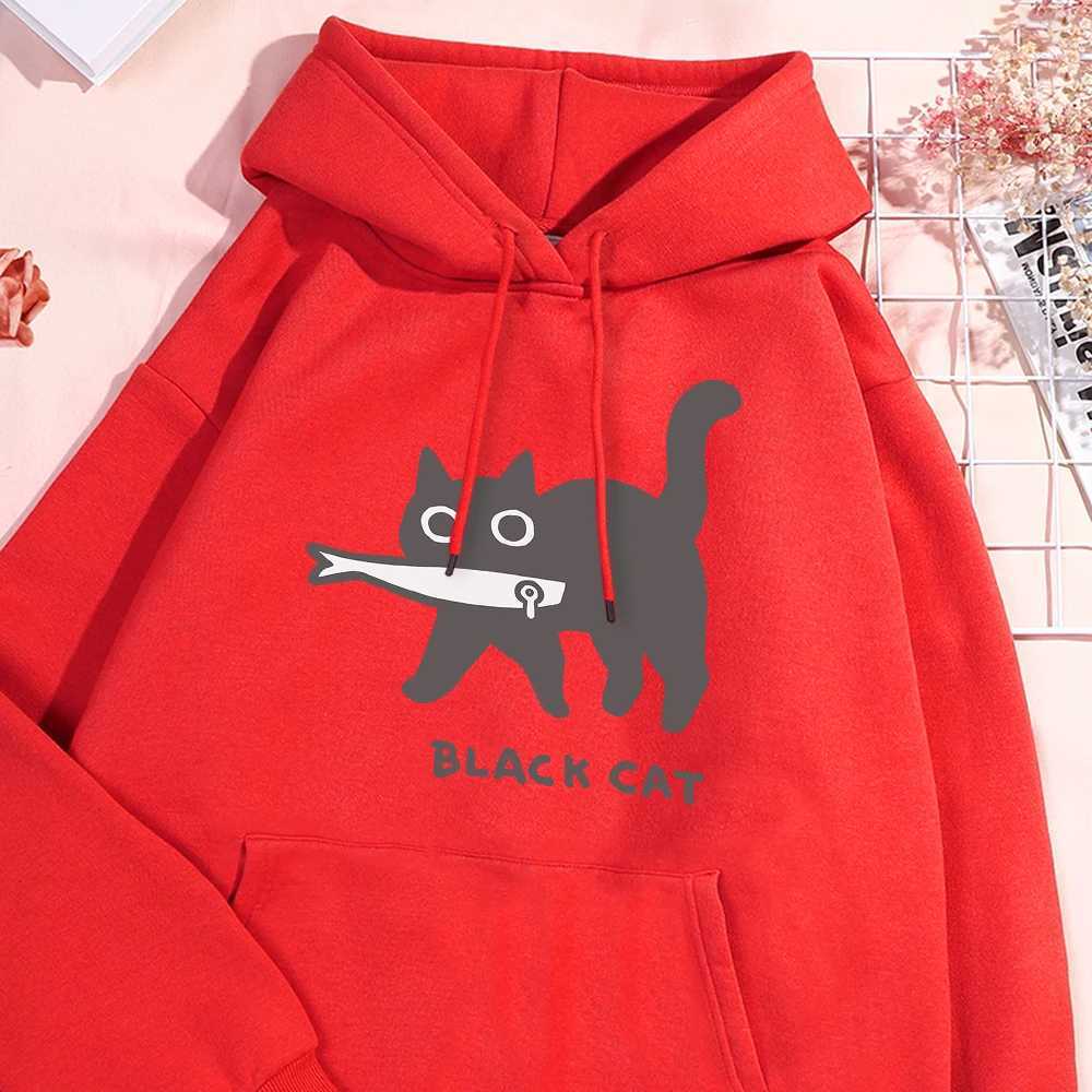 Fun A Black Cat Eating Fish Hoody Men Women Harajuku Fashion Sweatshirt Loose Oversized Streetwear Fleece Warm Couple HoodiesXJ2500118
