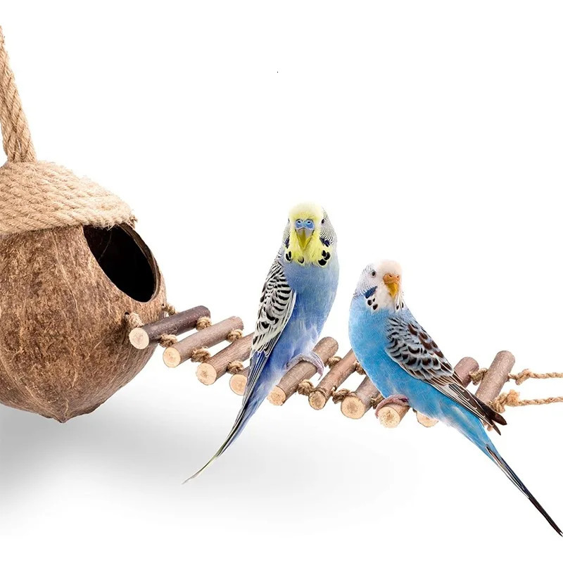 Coconut Birdhouse Hut With Ladder Hemp Rope Roof Natural Material Firm Stable Small Animal Cage Habitat Decoration Pet Supplies 250121