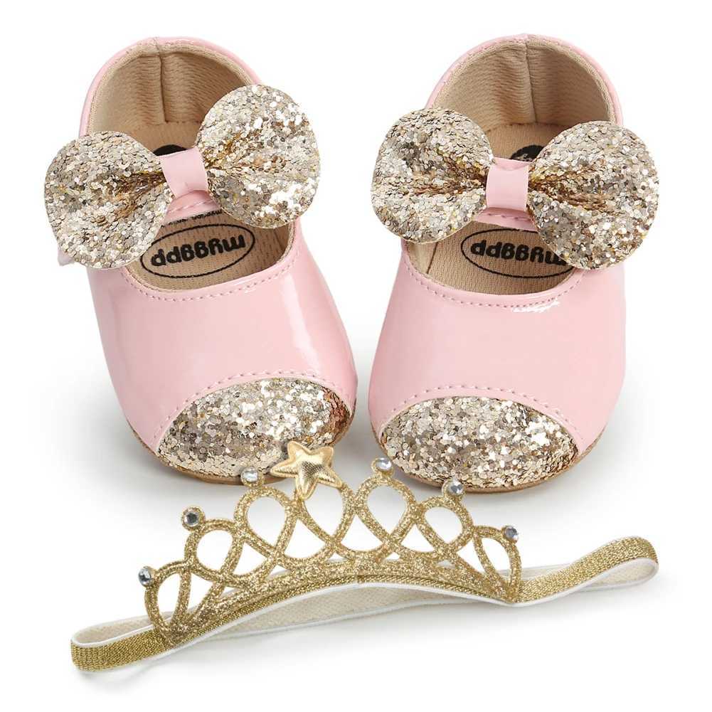 Baywell Baby Girl Shoes + Hair Band Infant Toddler Fashion PU Sequins Bowknot Non-slip Princess First Walker Baptism Shoes X250129