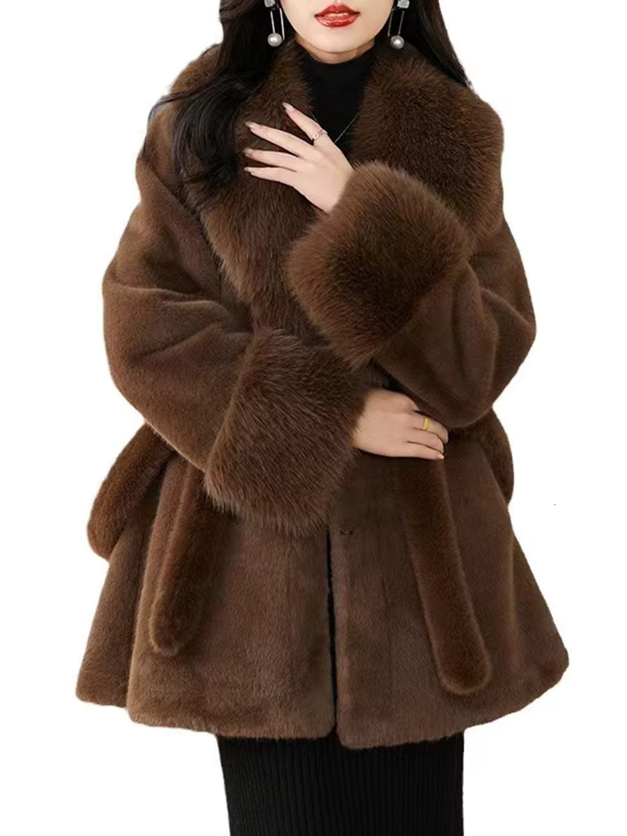 TWOTWINSTYL Temperament Blends Jacket For Women Lapel Long Sleeve Patchwork Lace Up Loose Fur Winter Coats Female Fashion New