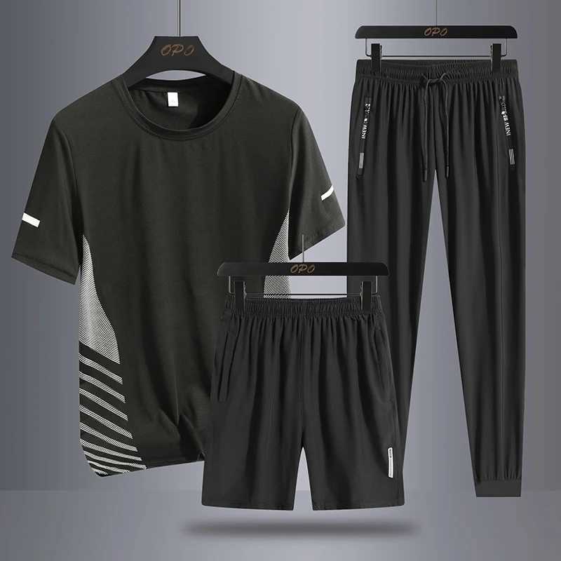 Summer mens sports running three piece set with round neck short sleeved T-shirt shorts long pants loose ice silk set X250129