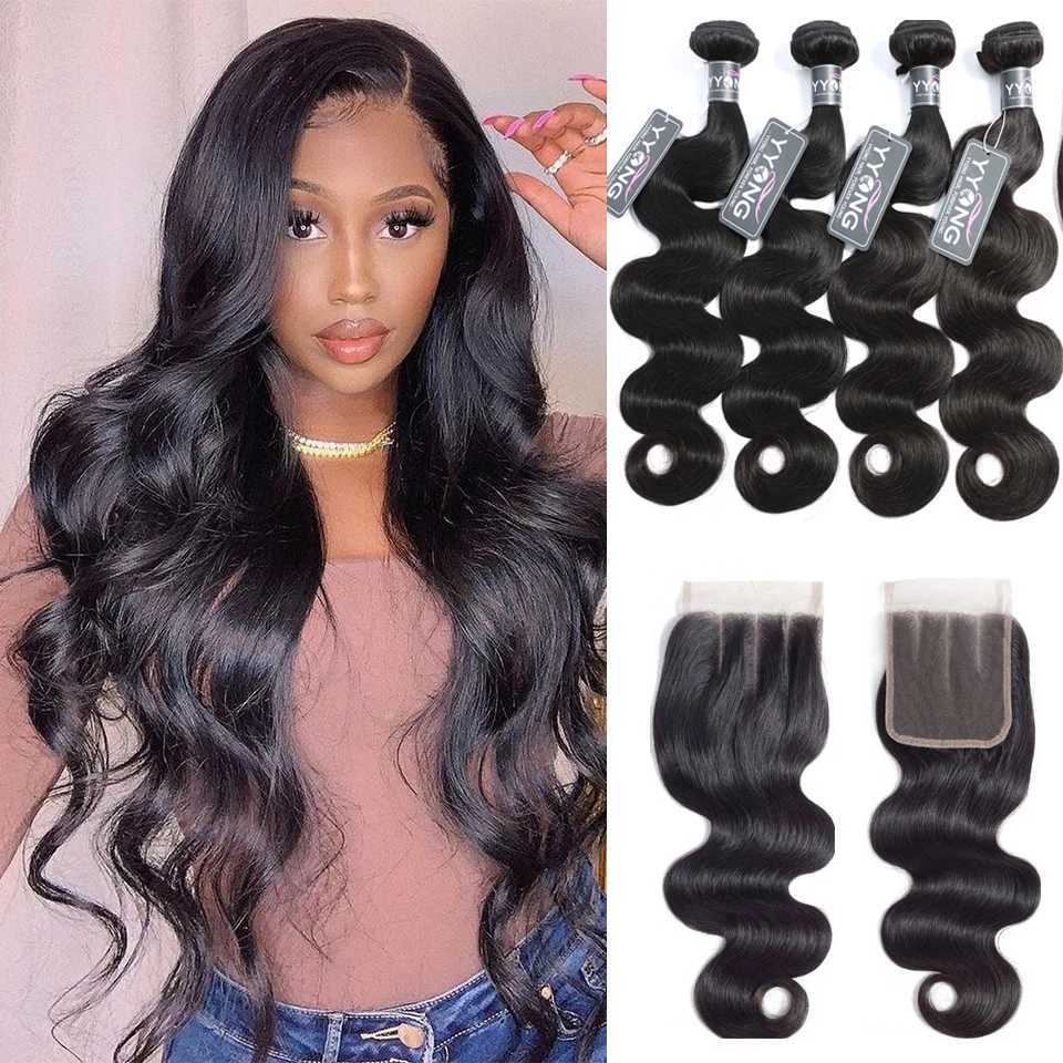 Yyong Body Wave Bundles With Clo Brazilian Hair Weave 3/4 Bundles With Lace Clo 4x4 Remy Human Hair Bundles With CloXJ250120