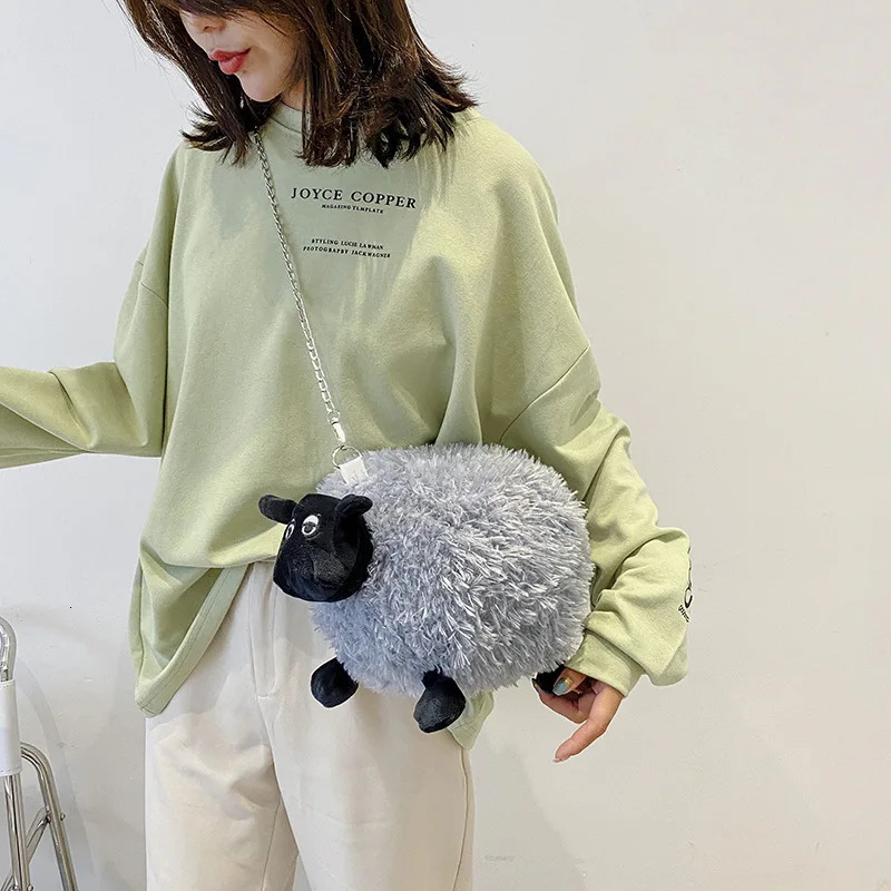 Cute fluffy soft sheepskin bag womens cartoon sling bag fluffy animal cross body bag shoulder bag fur soft stripe bag 250120