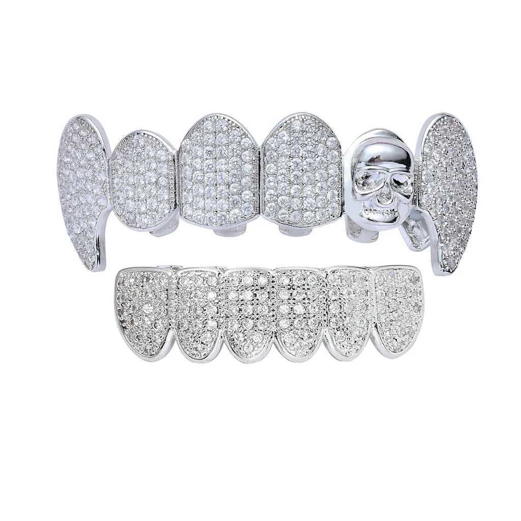 Hip Hop Teeth Grillz Skull Shape Gold Plated Dental Grills Rock Tooth Grillz Caps Crystal Teeth Caps Halloween Vampire ToothXJ250114