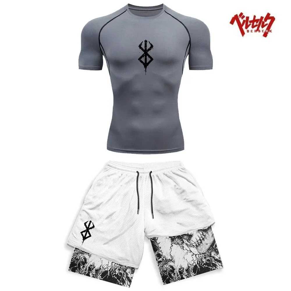 Berserk compression set mens fitness set quick drying compression shirt+gym shorts running exercise summer sportswear X250129