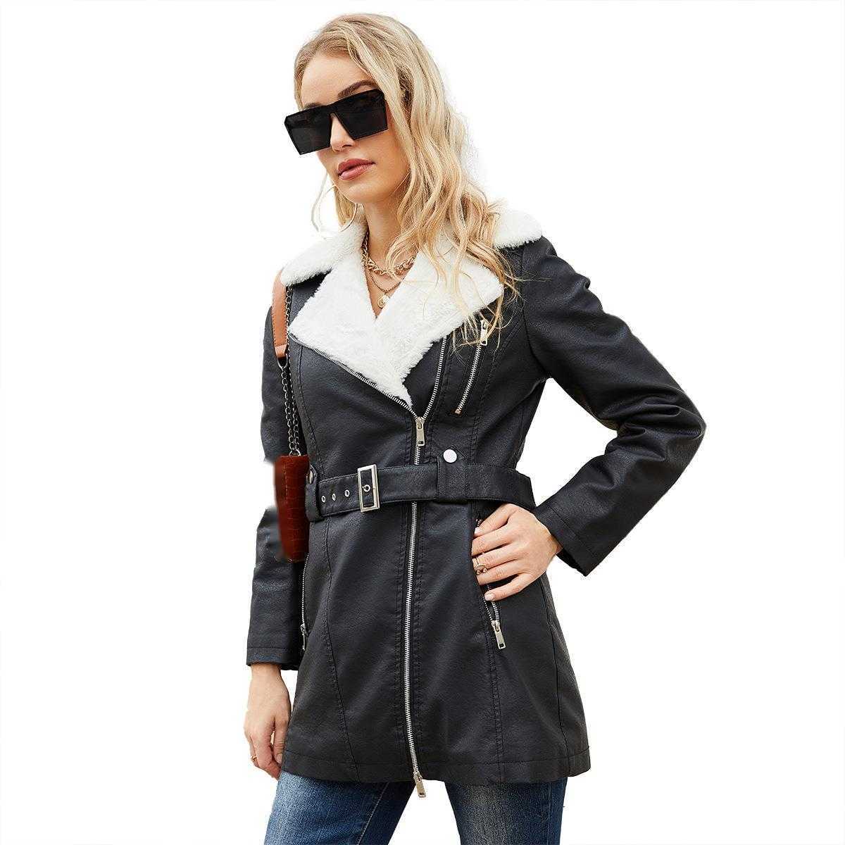 Autumn Winter Long Sleeved Plush Leather Coat Womens Polo Double Head Zipper with Belt Warm Coat Womens Leather Womens Jacket 241209