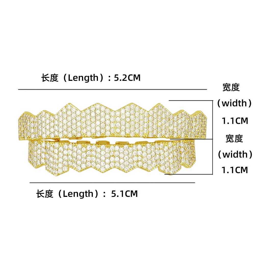 1set Hip Hop Full Iced Out Long Teeth Grillz Gold Plated Dental Grills Rock Tooth Grillz Caps Crystal Teeth Caps Halloween GiftXJ250114