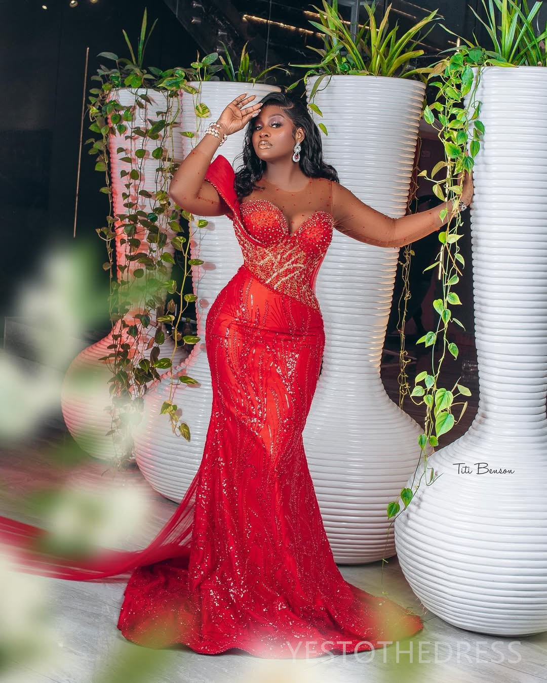 2025 Plus Size Red Aso Ebi Prom Dresses Mermaid Evening Gowns For Black Women Sheer Neck Long Sleeves Beaded Lace Birthday Party Dress Second Receptio