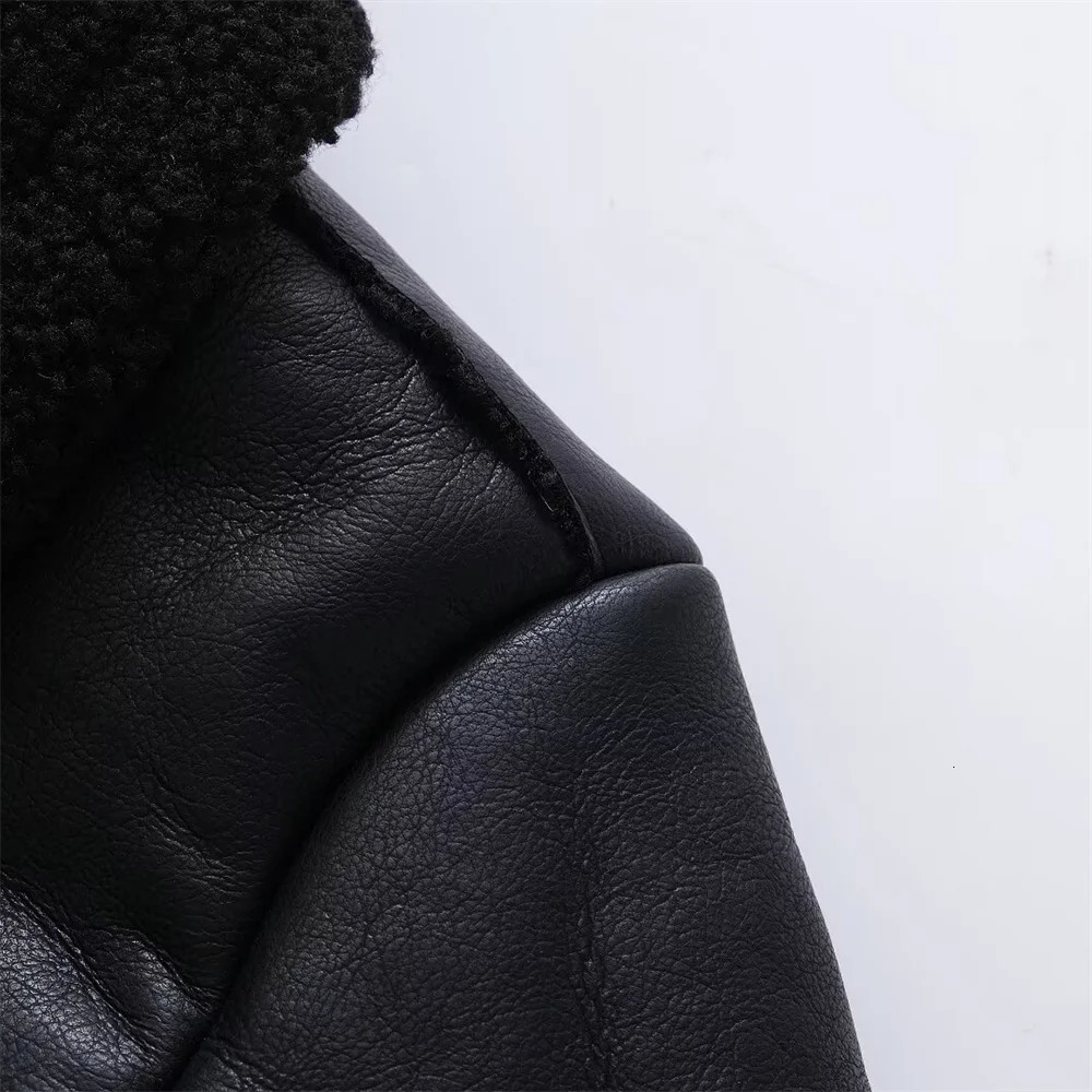 PB ZA winter womens simple high-end fashion black fur collar double-sided jacket pocket decoration long-sleeved coat 250122