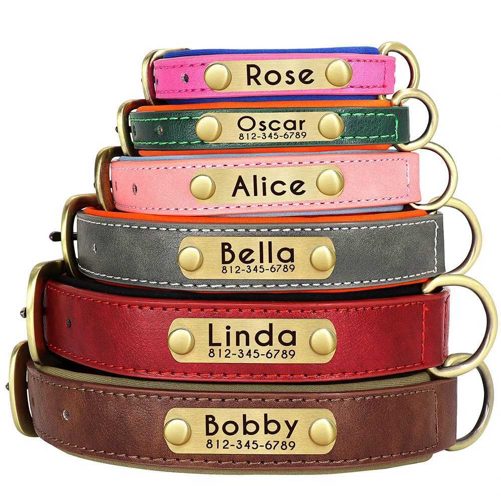 Customized PU Leather Nameplate Dog Collar Soft Padded Dogs Collars Free Engraving Name for Small Medium Large Dogs Adjustable 250205