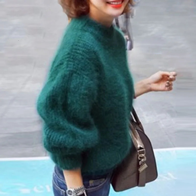 Autumn Winter Sweet Fashion Black Mohair Thicken Turtleneck Sweater Lantern Sleeve Casual Solid Color Pullover pull femme 250118