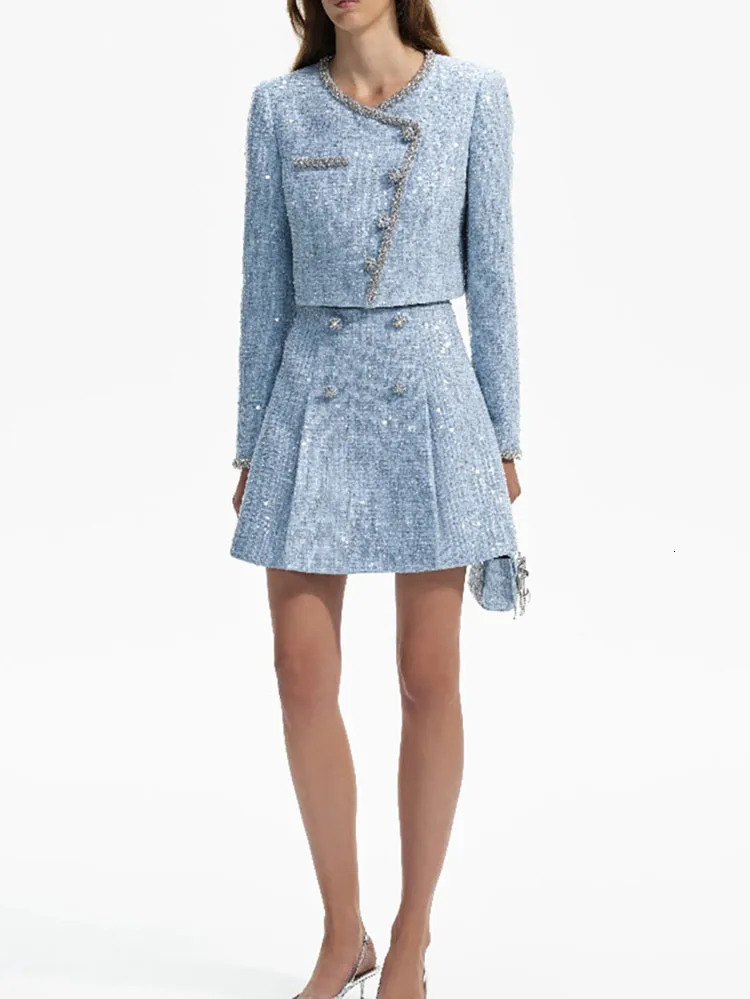 y2k springsummer round neck slant placket sequin drill button jackets for women high waist tweed midi dresses short sets 250113