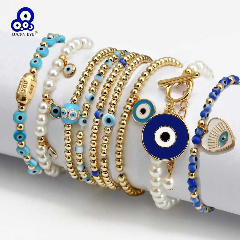 Lucky Eye Adjustable Pearl Metal Beads Bracelet Set Turkish Evil Eye Charm Beaded Bracelet for Wen Girls Men Jewelry BE826 X250129