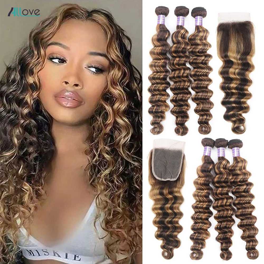 Allove Highlight Loose Deep Wave Bundles With Clo 4x4 Lace Clo With Bundles Brazilian Remy Ombre Honey Blonde BundlesXJ250120