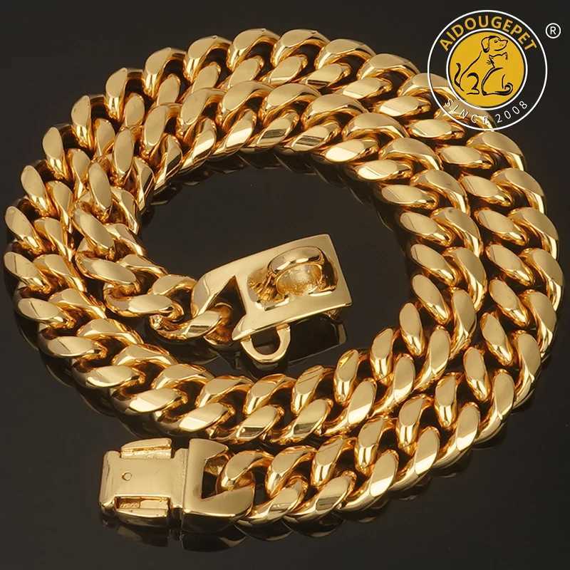 Durable gold dog collar stainless steel Cuban chain 14mm wide metal pet necklace suitable for small medium and large dog collar products X250129