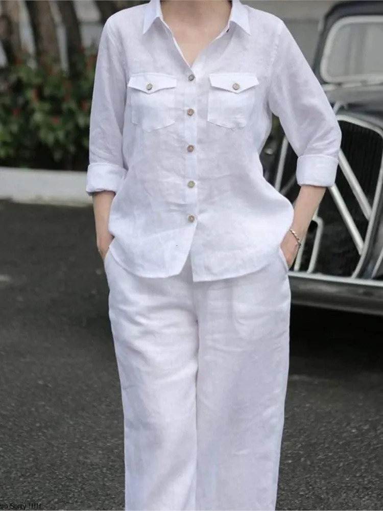 Womens Elegant Lapel Neck Long Sleeve Shirt Pants Sets 2PCS Fashion Autumn Outifits Solid Work Trousers Suits Tracksuit 250118