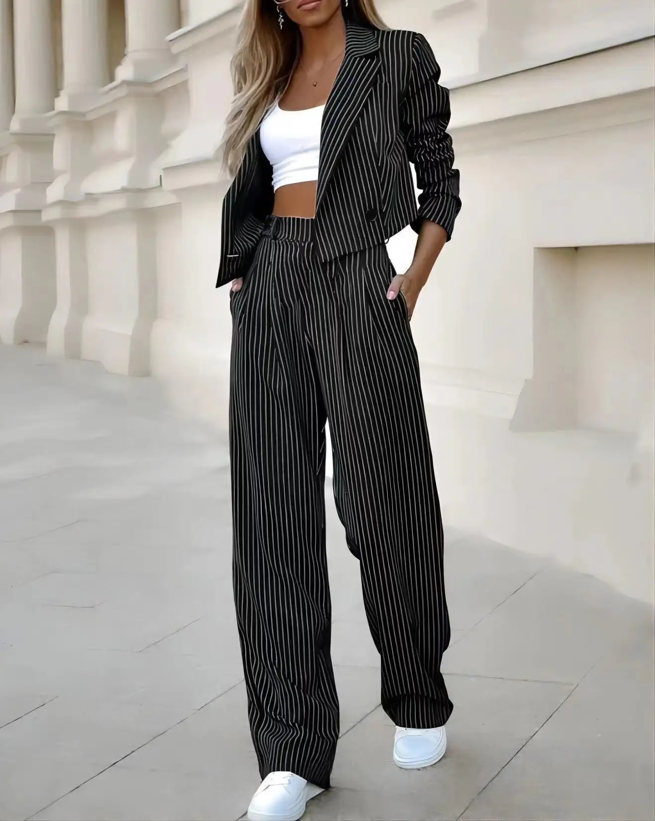 Womens Casual Striped Short Lapel Suit And Straight Pants Conjuntos Femininos Elegantes Pantsuit Matching Sets 250113